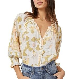 Rails Mariah Top Floral Blouse in Green, Orange, and Cream